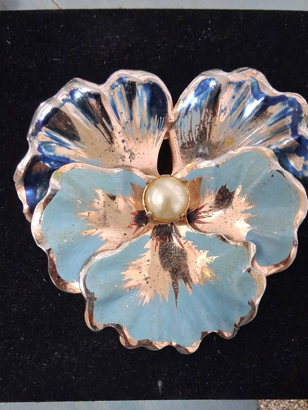 Vintage CORO sterling Blue Enamel Pansy Brooch with Faux Pearl Center